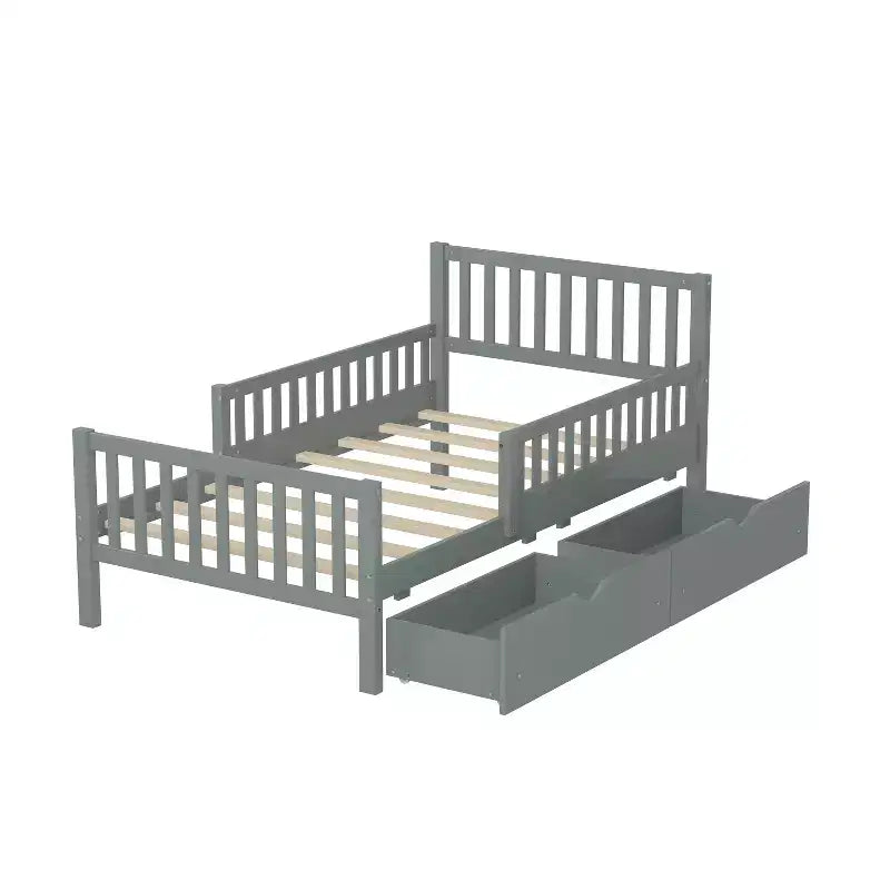 Letto a piattaforma singolo in legno con sponde di sicurezza e 2 cassetti portaoggetti, grigio
