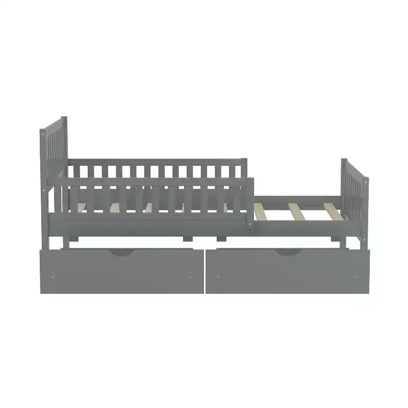 Letto a piattaforma singolo in legno con sponde di sicurezza e 2 cassetti portaoggetti, grigio