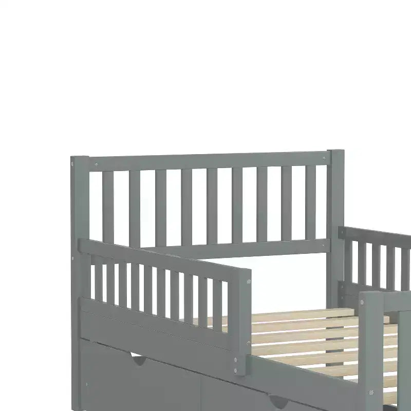 Letto a piattaforma singolo in legno con sponde di sicurezza e 2 cassetti portaoggetti, grigio
