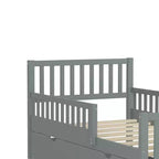 Letto a piattaforma singolo in legno con sponde di sicurezza e 2 cassetti portaoggetti, grigio