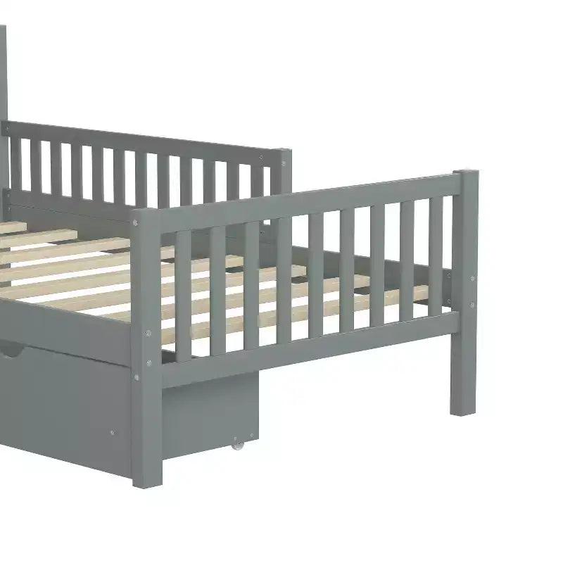 Letto a piattaforma singolo in legno con sponde di sicurezza e 2 cassetti portaoggetti, grigio
