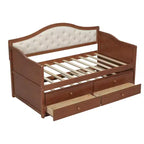 Daybed singolo con letto estraibile e 2 cassetti portaoggetti, divano letto in legno con schienale imbottito a tufting, noce