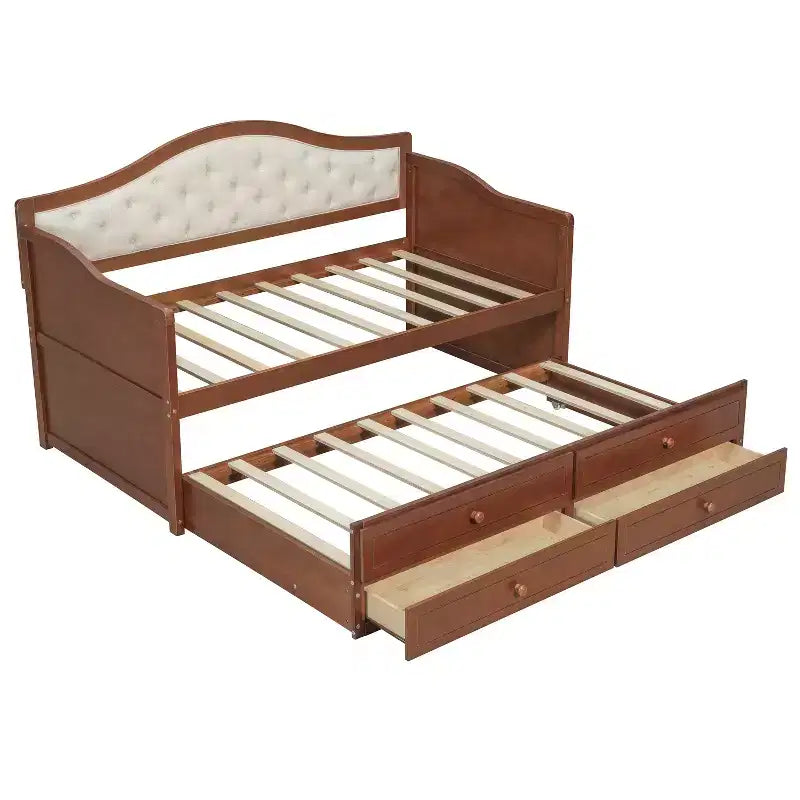 Daybed singolo con letto estraibile e 2 cassetti portaoggetti, divano letto in legno con schienale imbottito a tufting, noce
