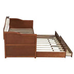 Daybed singolo con letto estraibile e 2 cassetti portaoggetti, divano letto in legno con schienale imbottito a tufting, noce