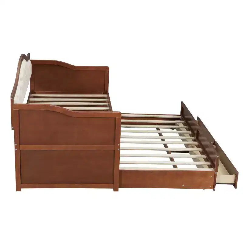Daybed singolo con letto estraibile e 2 cassetti portaoggetti, divano letto in legno con schienale imbottito a tufting, noce