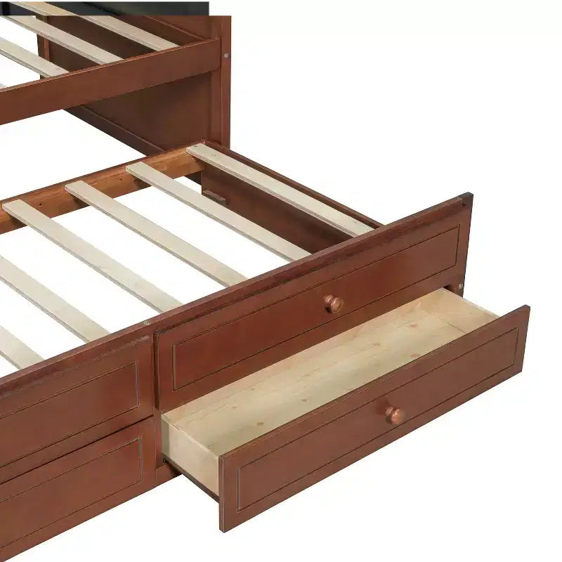 Daybed singolo con letto estraibile e 2 cassetti portaoggetti, divano letto in legno con schienale imbottito a tufting, noce