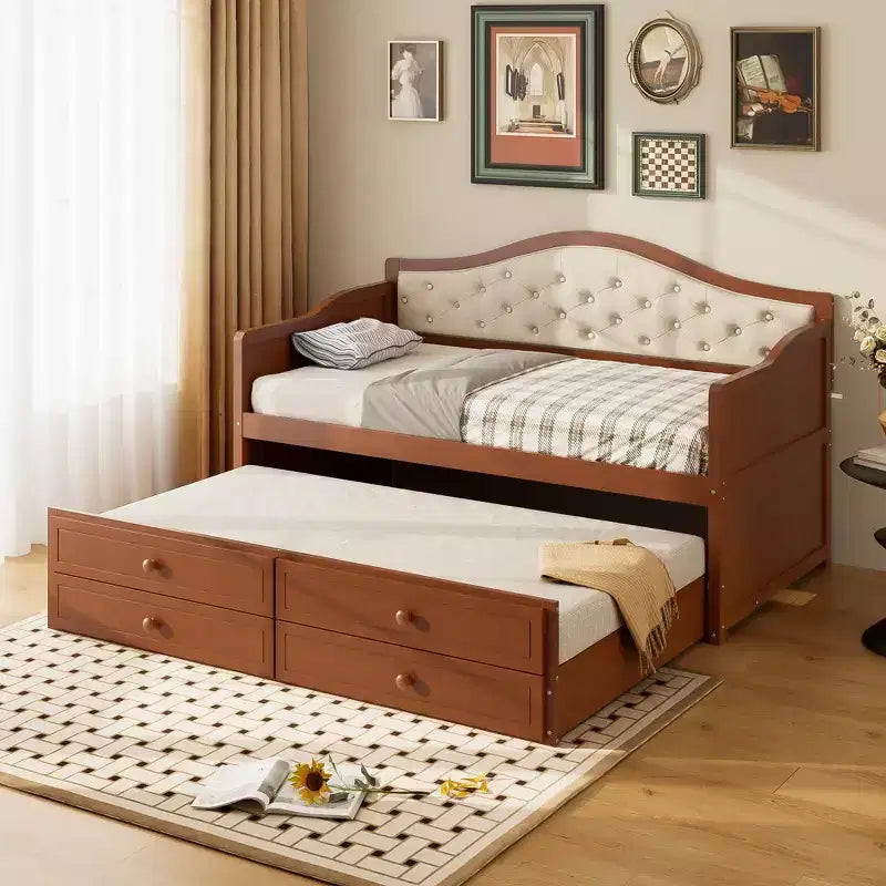 Daybed singolo con letto estraibile e 2 cassetti portaoggetti, divano letto in legno con schienale imbottito a tufting, noce
