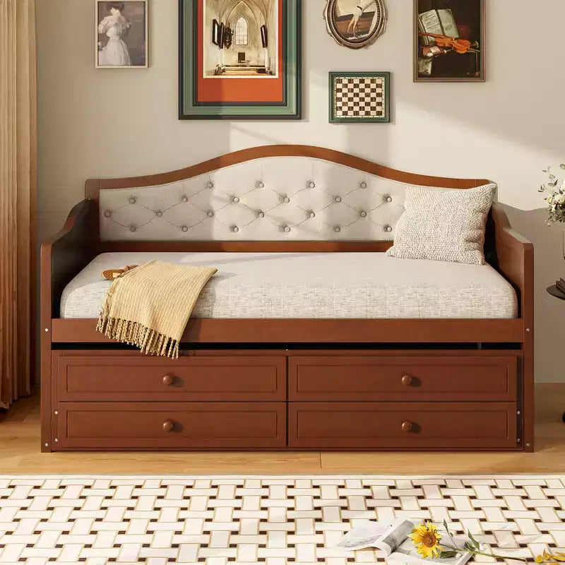 Daybed singolo con letto estraibile e 2 cassetti portaoggetti, divano letto in legno con schienale imbottito a tufting, noce