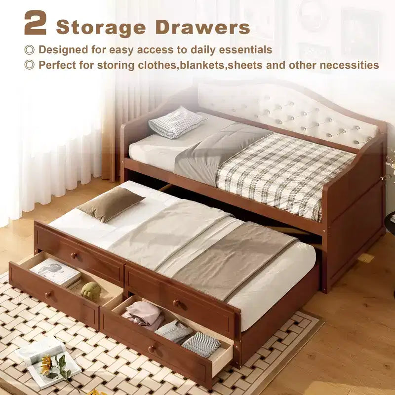 Daybed singolo con letto estraibile e 2 cassetti portaoggetti, divano letto in legno con schienale imbottito a tufting, noce