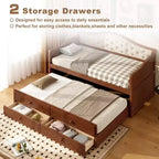 Daybed singolo con letto estraibile e 2 cassetti portaoggetti, divano letto in legno con schienale imbottito a tufting, noce