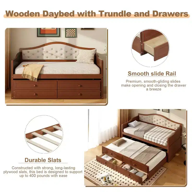 Daybed singolo con letto estraibile e 2 cassetti portaoggetti, divano letto in legno con schienale imbottito a tufting, noce