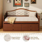 Daybed singolo con letto estraibile e 2 cassetti portaoggetti, divano letto in legno con schienale imbottito a tufting, noce