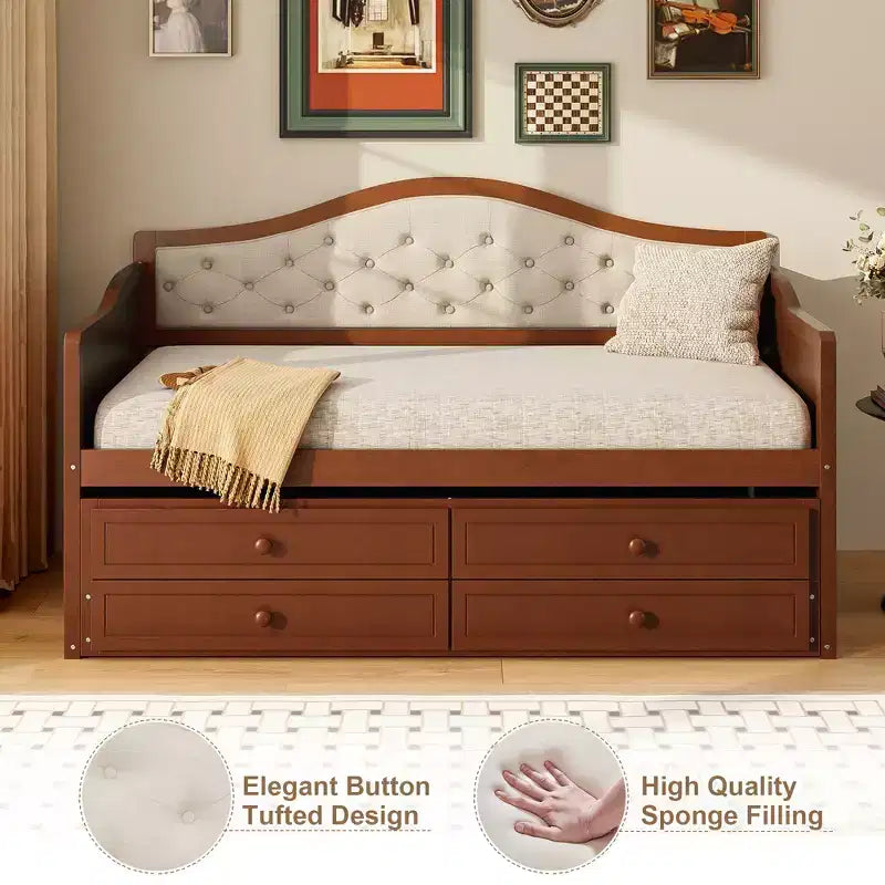 Daybed singolo con letto estraibile e 2 cassetti portaoggetti, divano letto in legno con schienale imbottito a tufting, noce