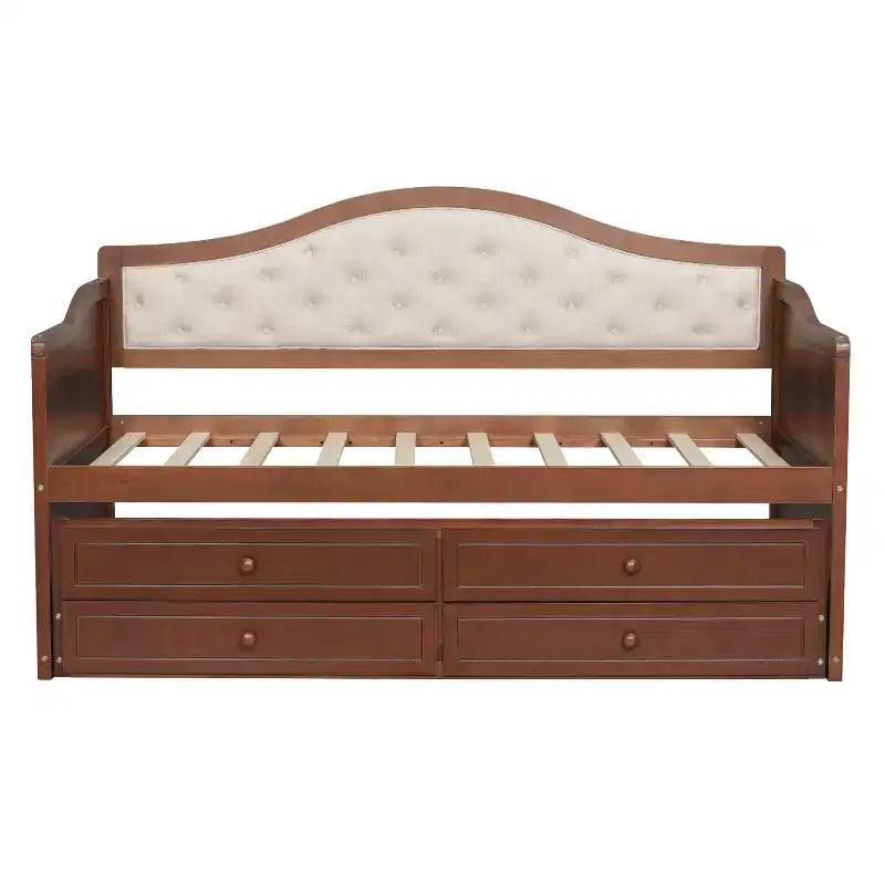 Daybed singolo con letto estraibile e 2 cassetti portaoggetti, divano letto in legno con schienale imbottito a tufting, noce