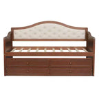 Daybed singolo con letto estraibile e 2 cassetti portaoggetti, divano letto in legno con schienale imbottito a tufting, noce