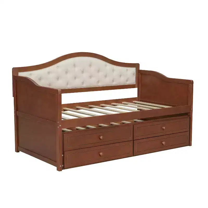 Daybed singolo con letto estraibile e 2 cassetti portaoggetti, divano letto in legno con schienale imbottito a tufting, noce