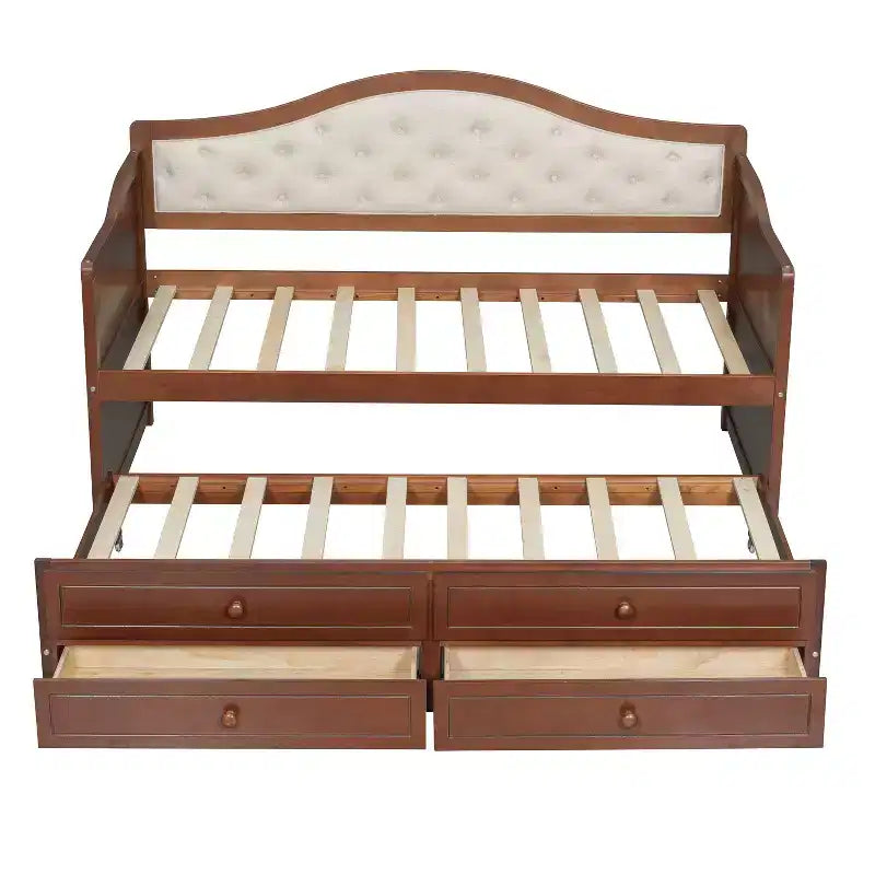 Daybed singolo con letto estraibile e 2 cassetti portaoggetti, divano letto in legno con schienale imbottito a tufting, noce