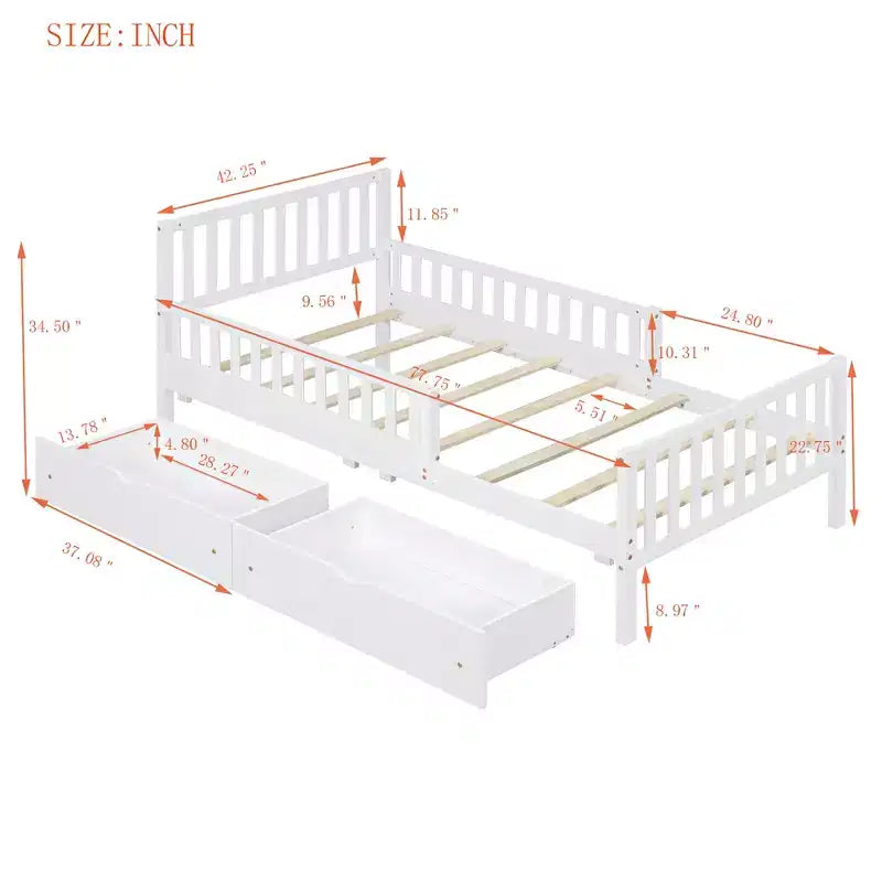 Letto a piattaforma singolo in legno con spondine e 2 cassetti portaoggetti, bianco