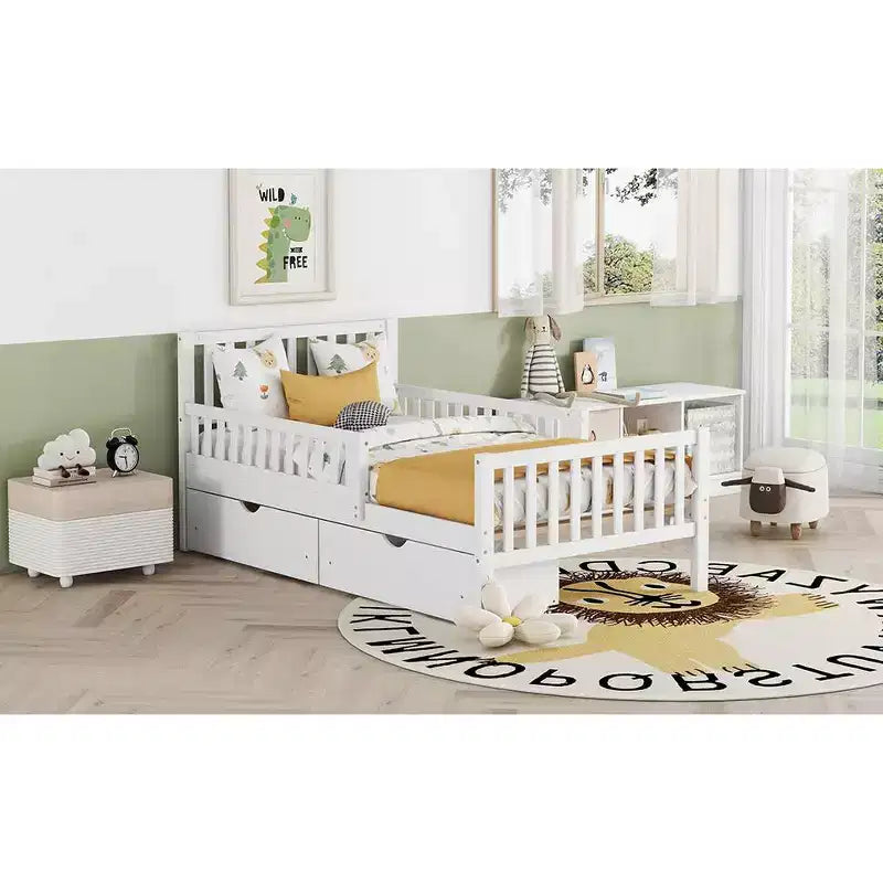 Letto a piattaforma singolo in legno con spondine e 2 cassetti portaoggetti, bianco