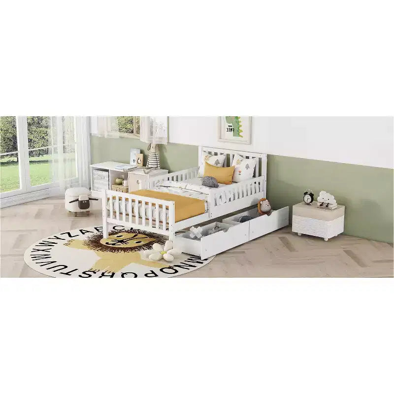 Letto a piattaforma singolo in legno con spondine e 2 cassetti portaoggetti, bianco
