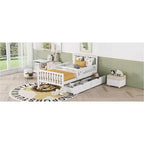 Letto a piattaforma singolo in legno con spondine e 2 cassetti portaoggetti, bianco