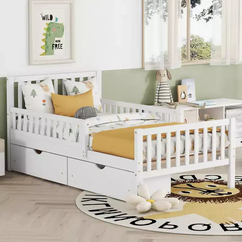 Letto a piattaforma singolo in legno con spondine e 2 cassetti portaoggetti, bianco