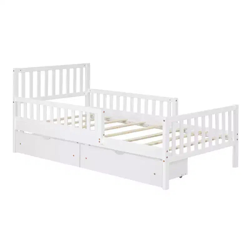 Letto a piattaforma singolo in legno con spondine e 2 cassetti portaoggetti, bianco