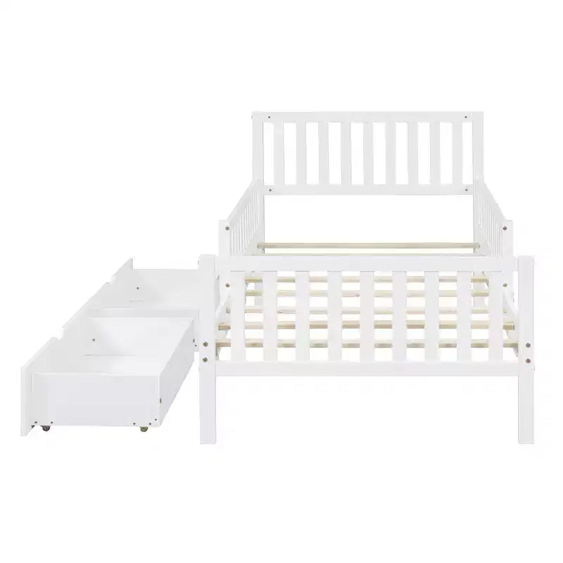 Letto a piattaforma singolo in legno con spondine e 2 cassetti portaoggetti, bianco