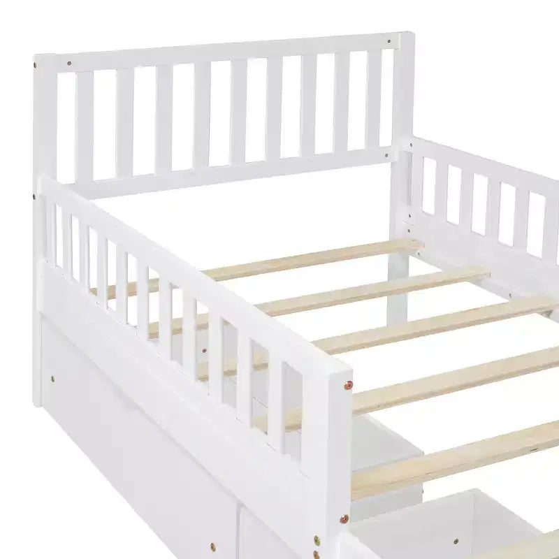 Letto a piattaforma singolo in legno con spondine e 2 cassetti portaoggetti, bianco