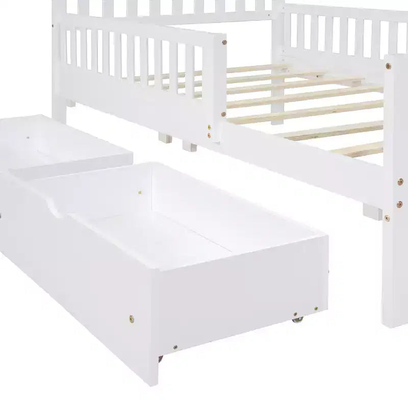 Letto a piattaforma singolo in legno con spondine e 2 cassetti portaoggetti, bianco