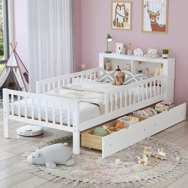 Twin Bed with Headboard Storage Rack, 2 Under-Bed Drawers and Guardrails, White