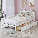 Twin Bed with Headboard Storage Rack, 2 Under-Bed Drawers and Guardrails, White