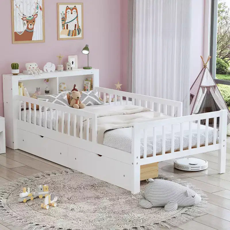 Letto singolo con testiera dotata di vano portaoggetti, 2 cassetti sotto il letto e sponde di protezione, bianco