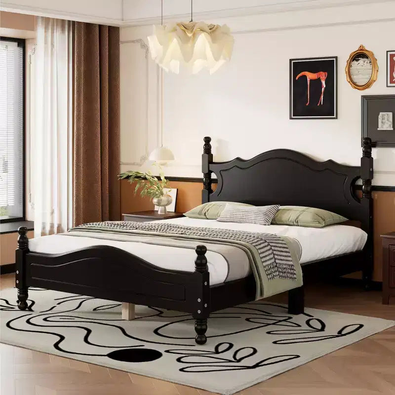 Letto a piattaforma in legno massiccio, in stile retrò con supporto a doghe, nero