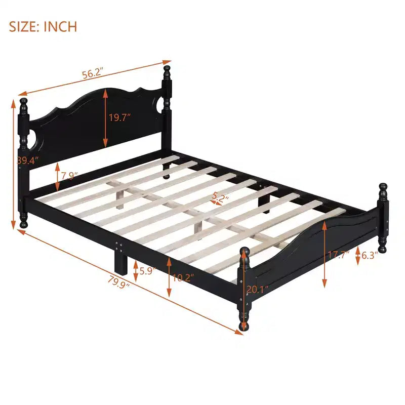 Letto a piattaforma in legno massiccio, in stile retrò con supporto a doghe, nero