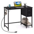 Costway Computer Desk with Charging Station, 2 Fabric Drawers, Storage Shelf Headphone Hook Rustic Brown & Black/Black