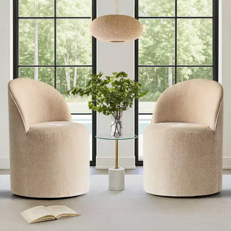Poltrona girevole accentuata moderna con rivestimento in ciniglia e rotelle, sedia lounge senza braccioli per soggiorno, camera da letto o ufficio-Panipeachy
