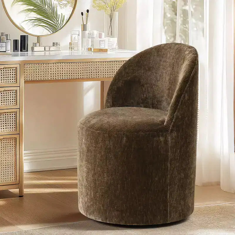 Poltrona girevole accentuata moderna con rivestimento in ciniglia e rotelle, sedia lounge senza braccioli per soggiorno, camera da letto o ufficio-Panipeachy