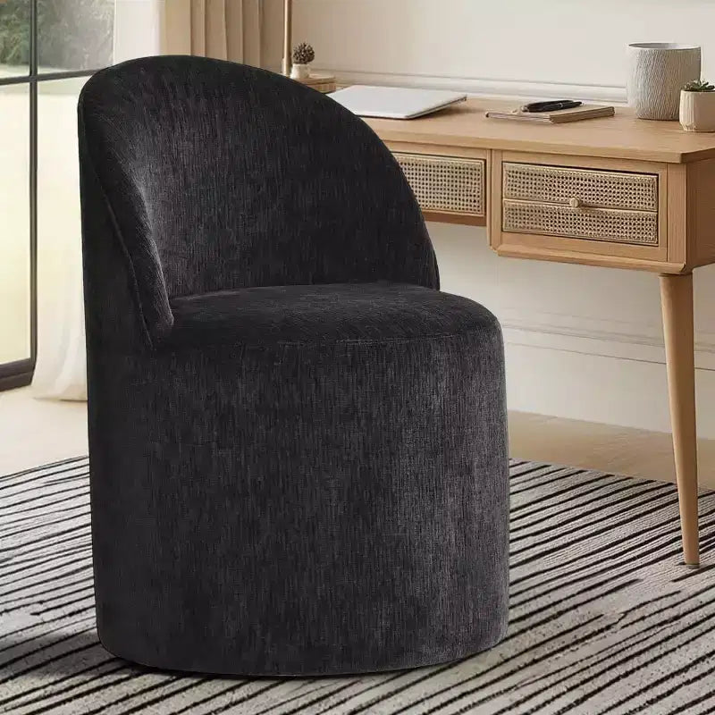 Poltrona girevole accentuata moderna con rivestimento in ciniglia e rotelle, sedia lounge senza braccioli per soggiorno, camera da letto o ufficio-Panipeachy