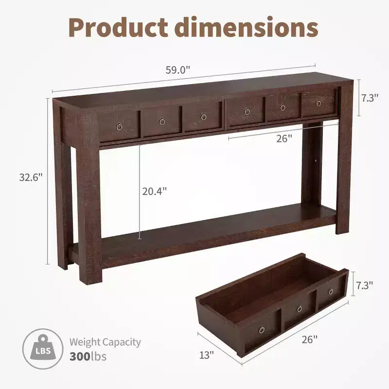 Consolle da 54 pollici in stile rustico per ingresso, lungo tavolino da divano in legno con 2 cassetti portaoggetti e ripiano espositivo aperto per corridoio e soggiorno
