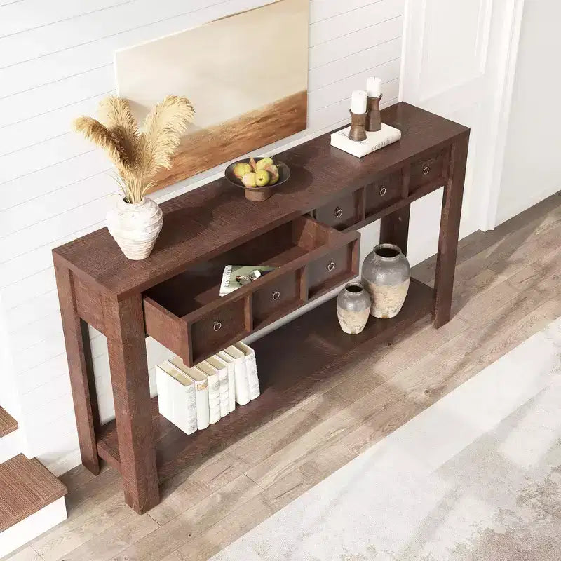 Consolle da 54 pollici in stile rustico per ingresso, lungo tavolino da divano in legno con 2 cassetti portaoggetti e ripiano espositivo aperto per corridoio e soggiorno
