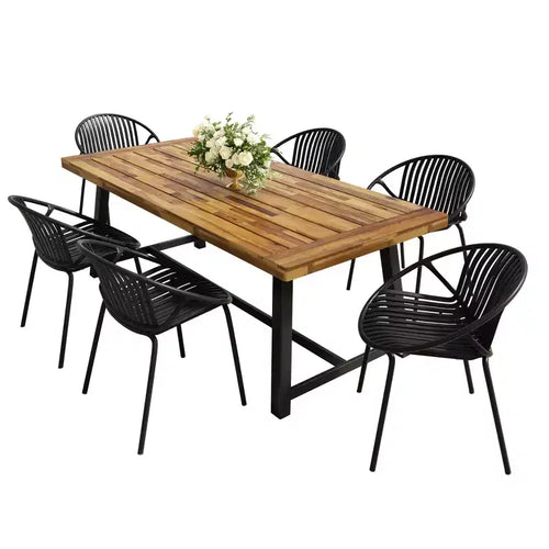 Set da pranzo moderno da esterno da 7 pezzi con sedie impilabili e tavolo in legno di acacia