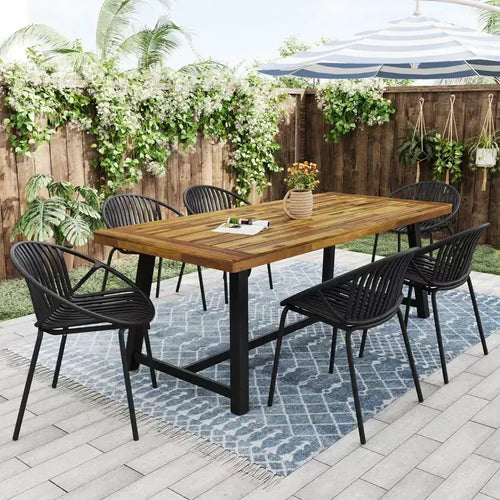 7-Piece Outdoor Patio Modern Dining Set with Stackable Chairs and Acacia Wood Table