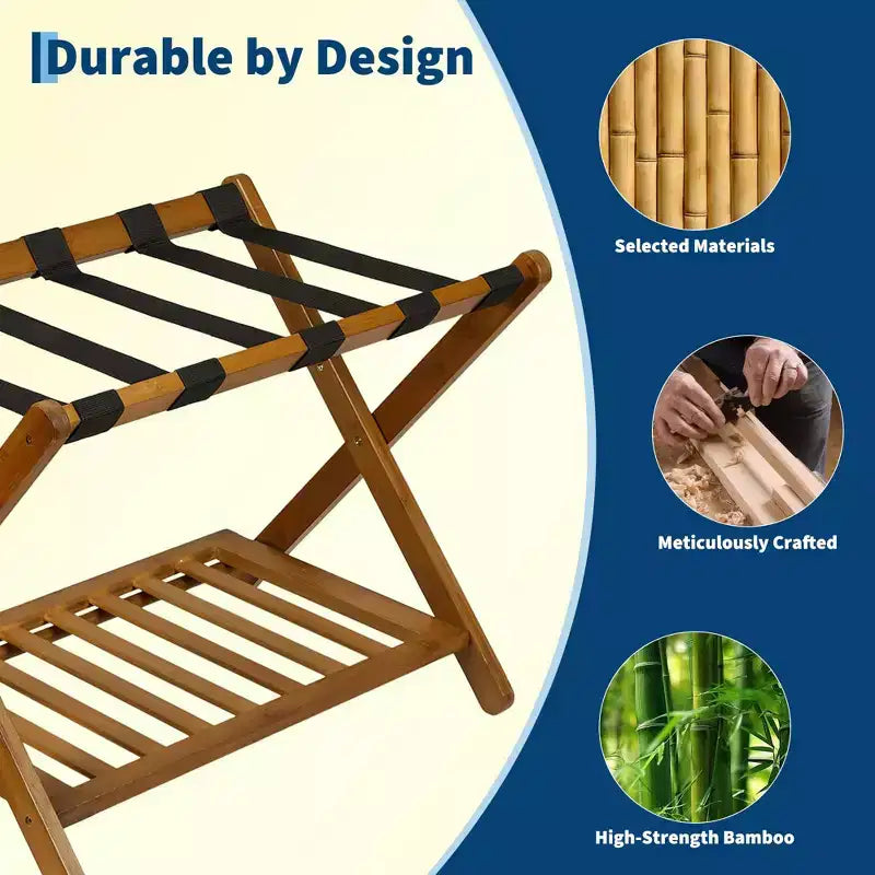 Portavaligie Pieghevole in Bambù per Camera Ospiti, Supporto Valigia con Scarpiera e Cinghie Robuste, Capacità 68 kg, Ideale per Camera da Letto/Hotel