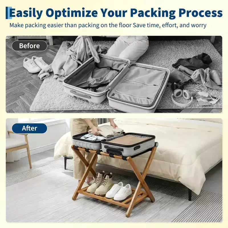 Portavaligie Pieghevole in Bambù per Camera Ospiti, Supporto Valigia con Scarpiera e Cinghie Robuste, Capacità 68 kg, Ideale per Camera da Letto/Hotel