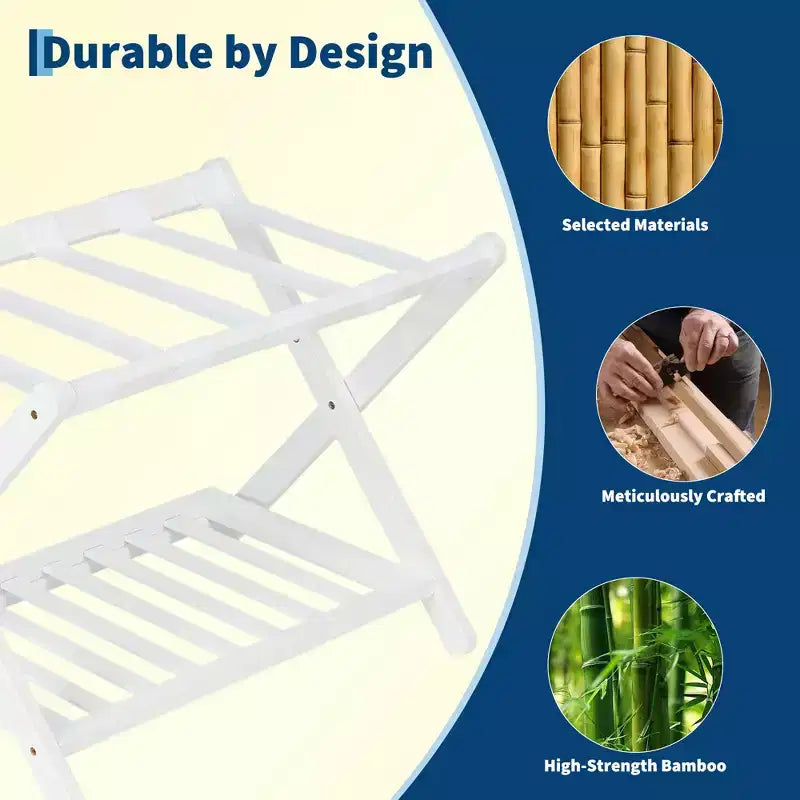 Portavaligie Pieghevole in Bambù per Camera Ospiti, Supporto Valigia con Scarpiera e Cinghie Robuste, Capacità 68 kg, Ideale per Camera da Letto/Hotel
