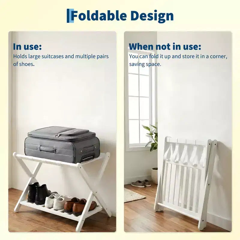 Portavaligie Pieghevole in Bambù per Camera Ospiti, Supporto Valigia con Scarpiera e Cinghie Robuste, Capacità 68 kg, Ideale per Camera da Letto/Hotel