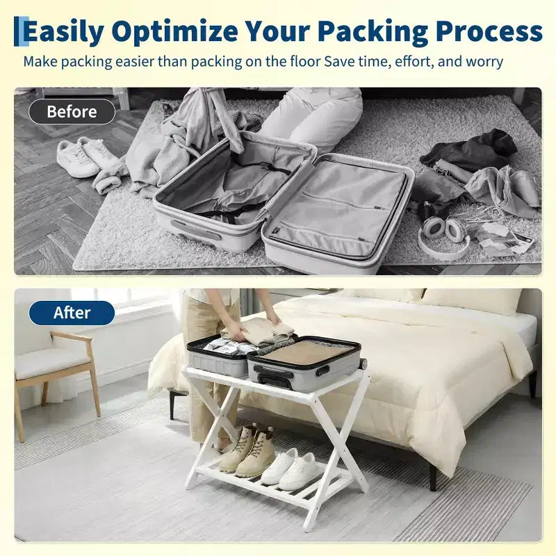 Portavaligie Pieghevole in Bambù per Camera Ospiti, Supporto Valigia con Scarpiera e Cinghie Robuste, Capacità 68 kg, Ideale per Camera da Letto/Hotel