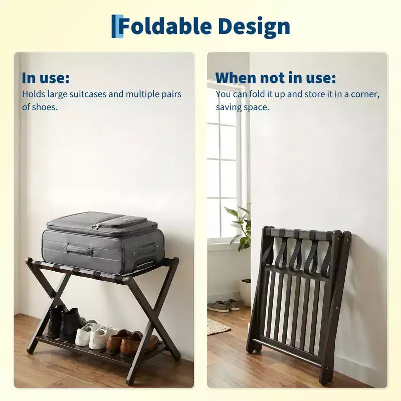 Portavaligie Pieghevole in Bambù per Camera Ospiti, Supporto Valigia con Scarpiera e Cinghie Robuste, Capacità 68 kg, Ideale per Camera da Letto/Hotel