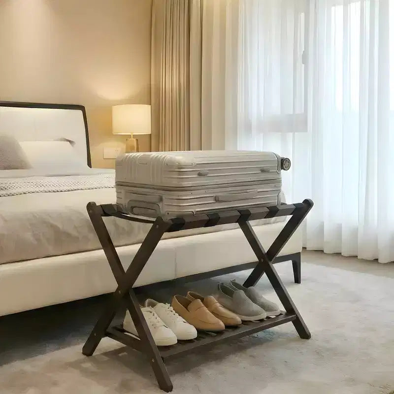 Folding Bamboo Luggage Rack for Guest Room, Suitcase Stand with Shoe Shelf & Strong Straps, 150 Lb Capacity, Ideal for Bedroom/Hotel
